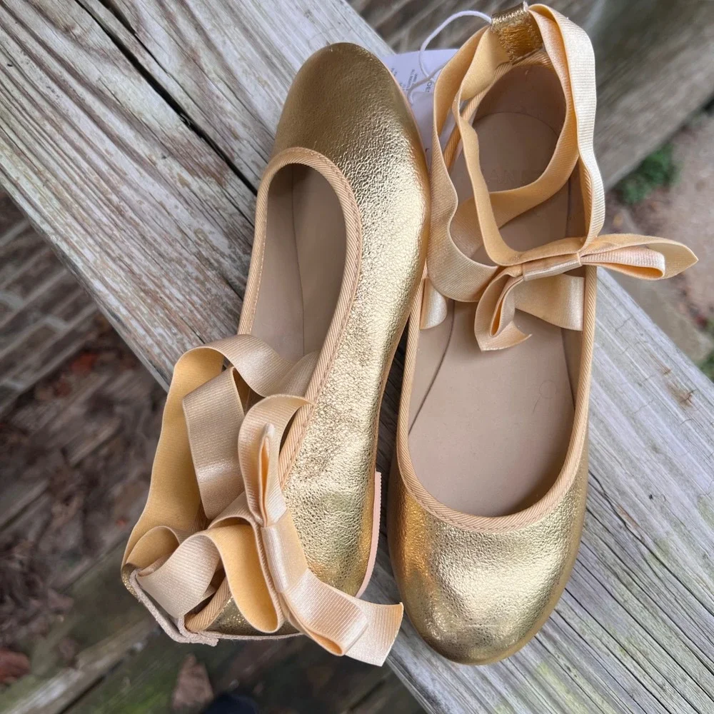 Janie and Jack NWT Ballet Flats Juno Valentine 3K Gold  Coquette Ribbon